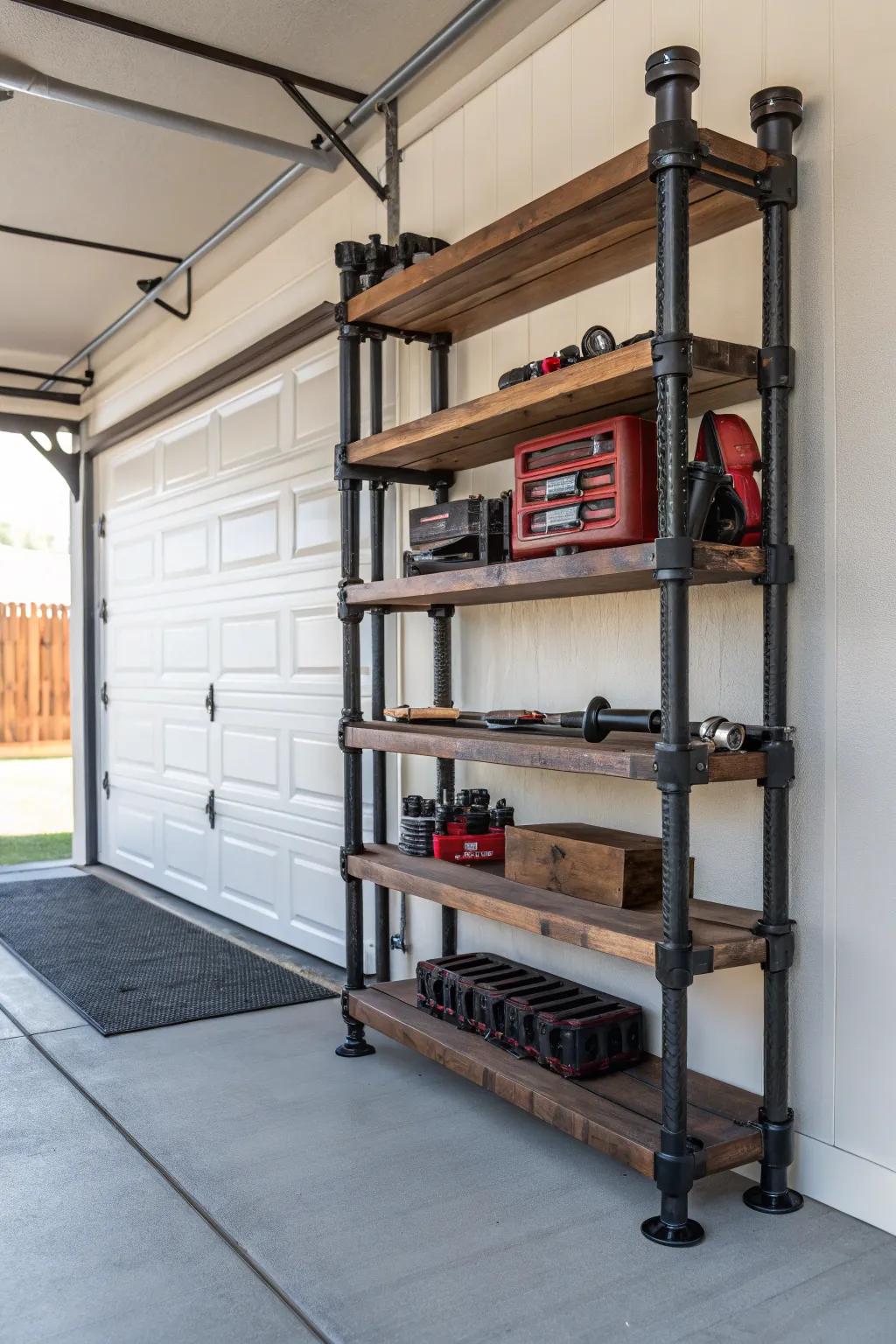 Transform your garage into a functional masterpiece with robust pipe shelving.