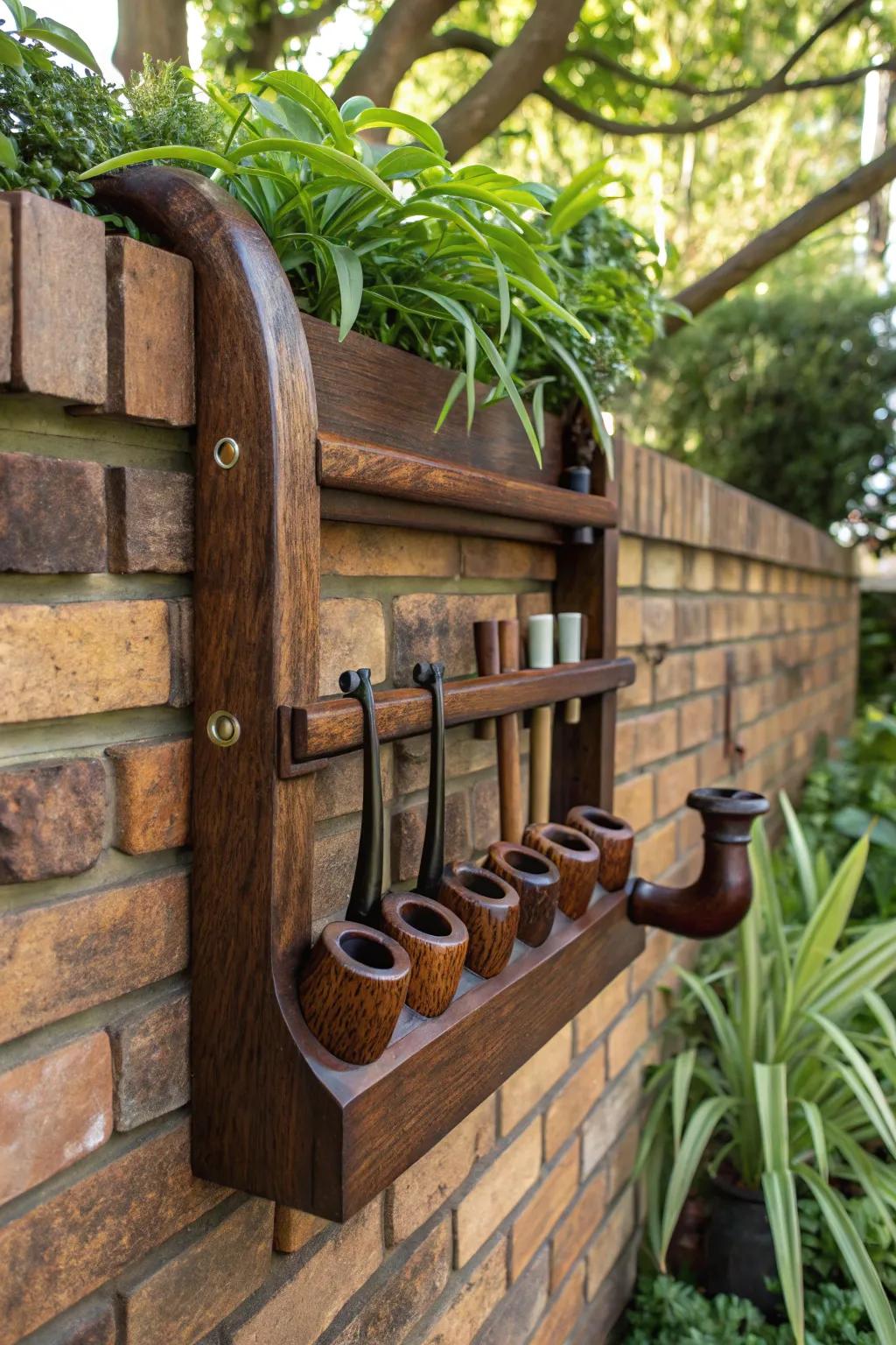 Elevate your garden storage with this artisanal wooden pipe rack, a blend of functionality and craftsmanship.