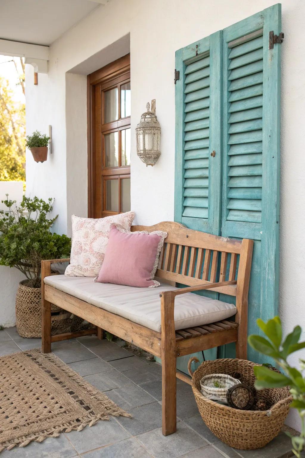 Transform your porch with a charming shutter bench for a perfect morning coffee retreat.
