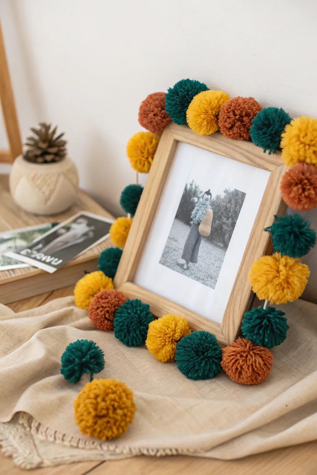 Add a splash of color and charm to your memories with handcrafted pom pom photo frames.