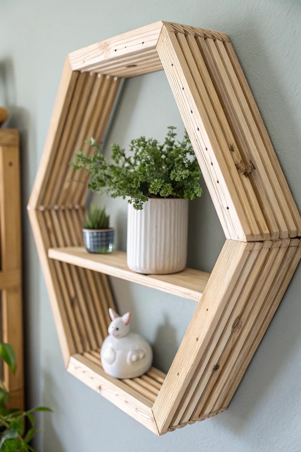 Elevate your space with chic and eco-friendly hexagon wall shelves crafted from popsicle sticks. Perfect for displaying your favorite small decor!