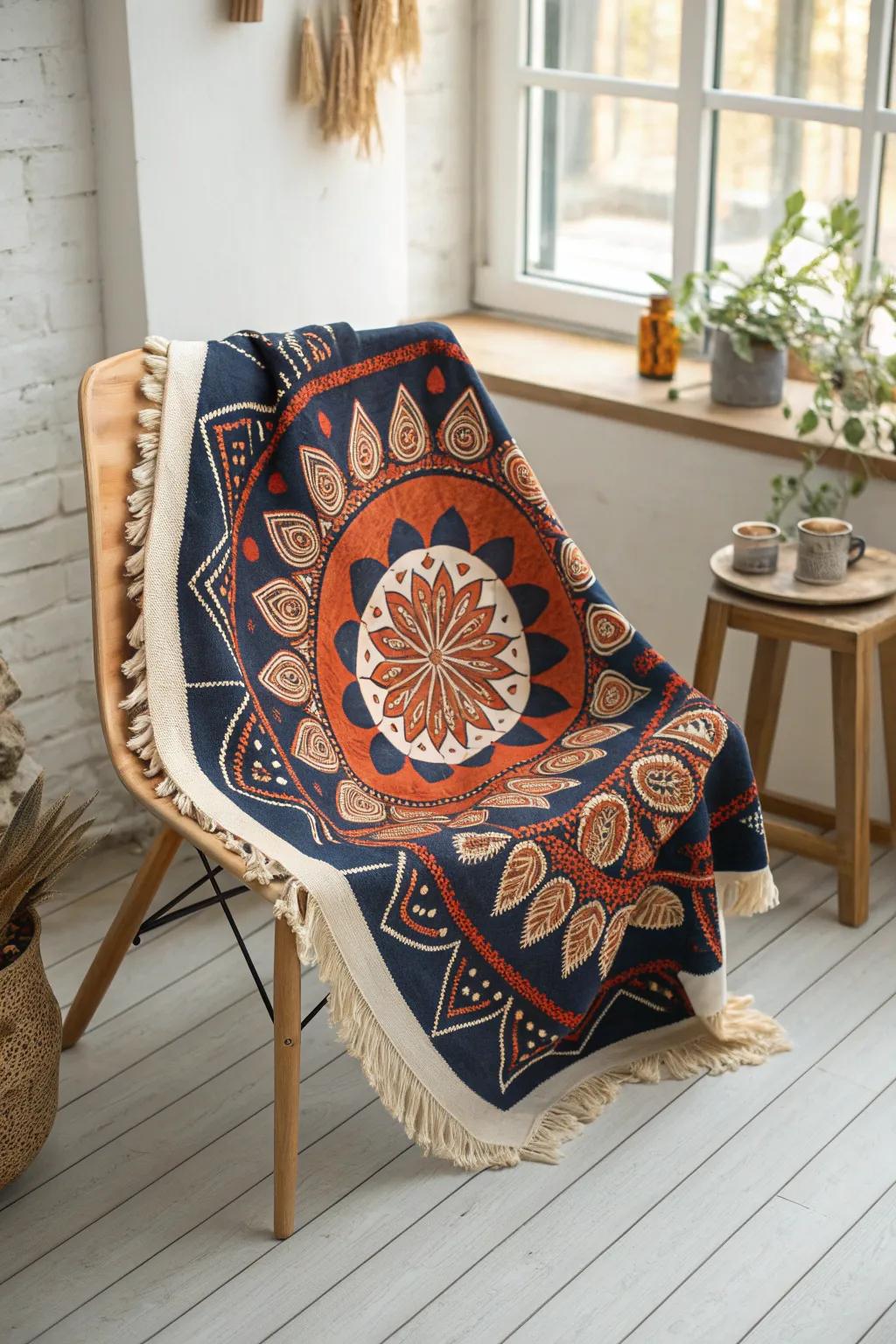 Embrace tranquility with a mandala-inspired prayer blanket, where craftsmanship meets meditative design.