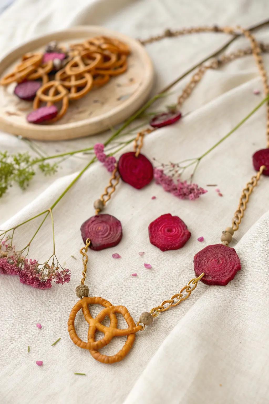 Elevate your style with a deliciously unique pretzel necklace—where bold colors meet natural beauty. #VeggieTwist