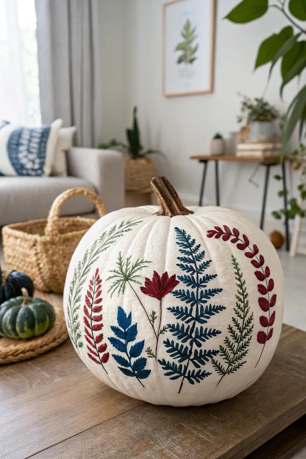 Elevate your autumn decor with bold botanical prints on pumpkins. Embrace the art of simplicity and natural beauty.