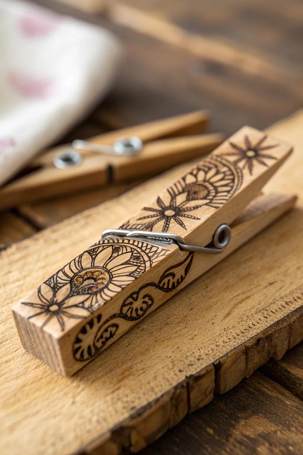 Elevate your everyday with handcrafted pyrography clothes pegs.