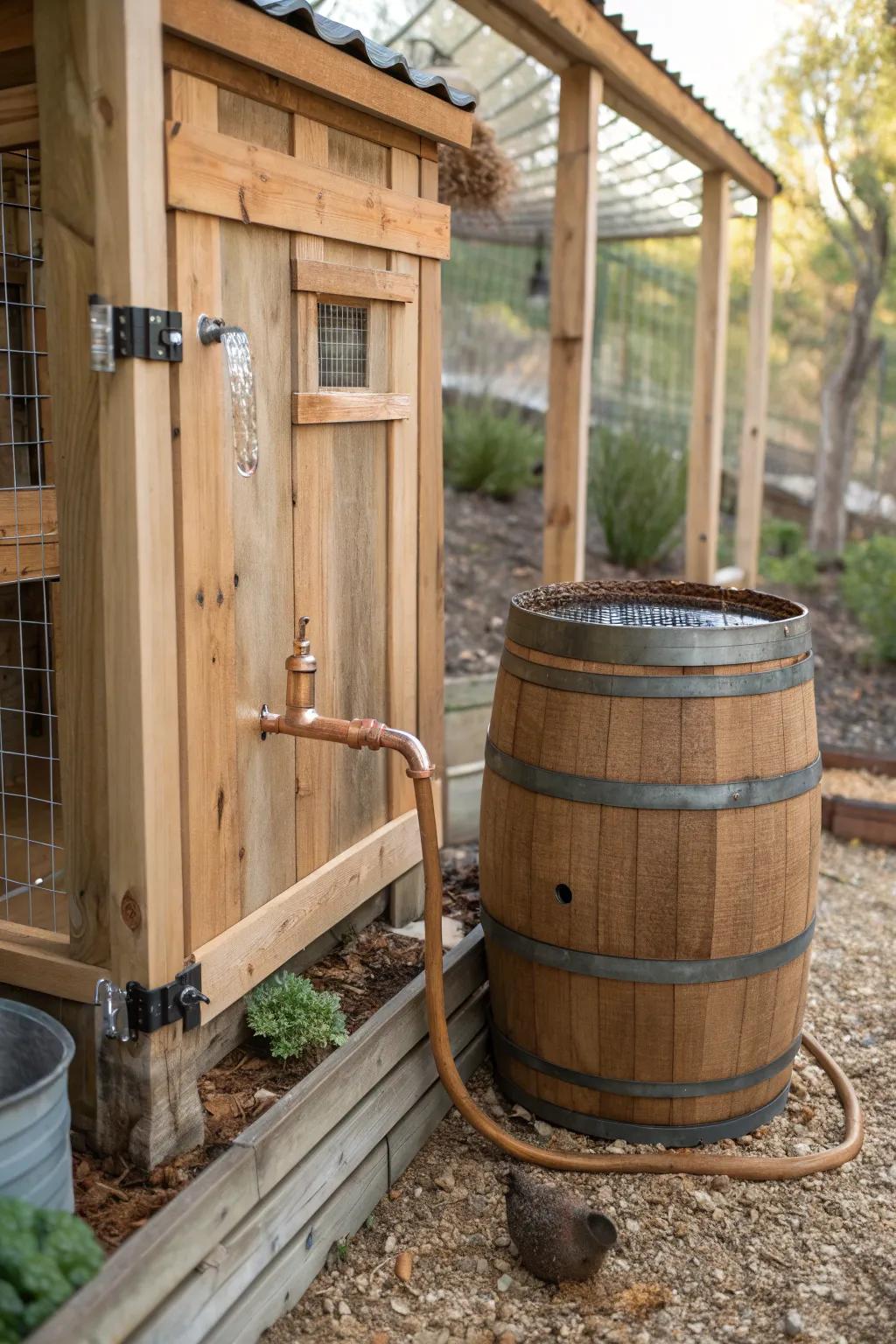 Sustainable elegance: Craftsmanship meets practicality in this rainwater collection system for your quail pen.