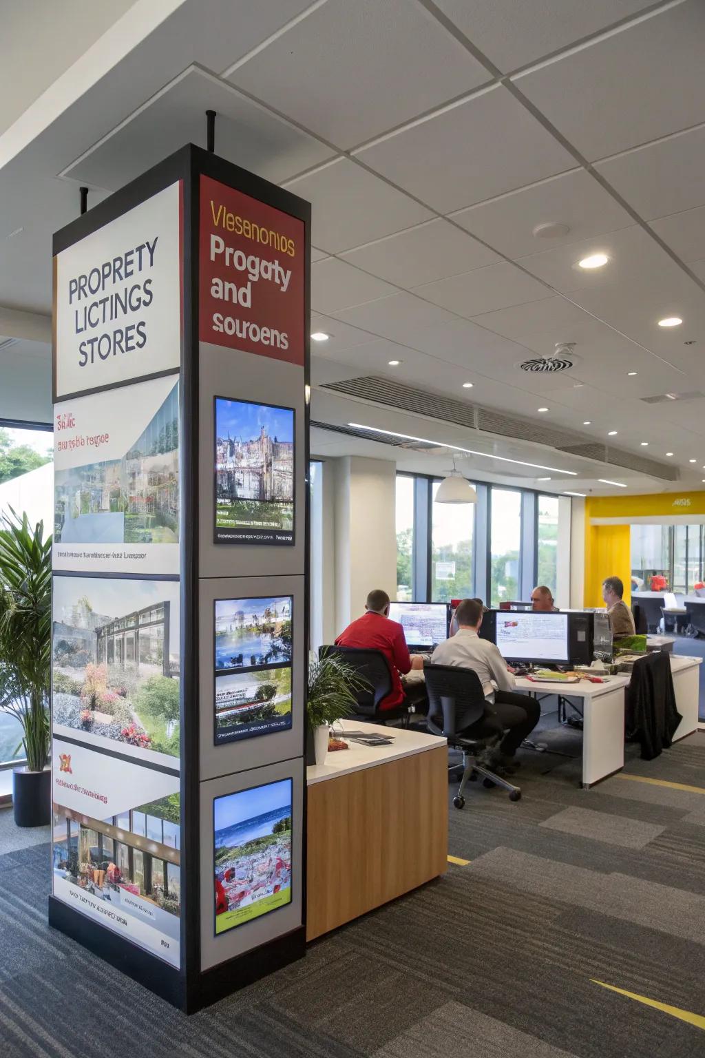 Innovative display areas showcasing property listings and success stories.