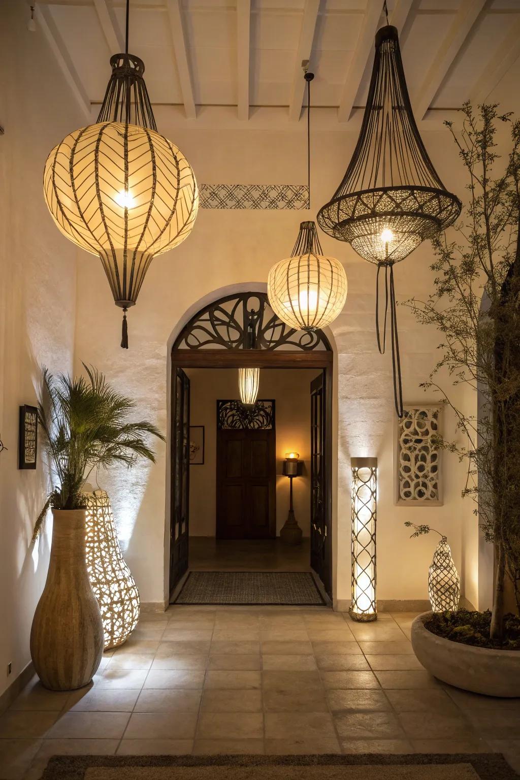Unique lighting fixtures serve as a focal point and add interest to the entryway.