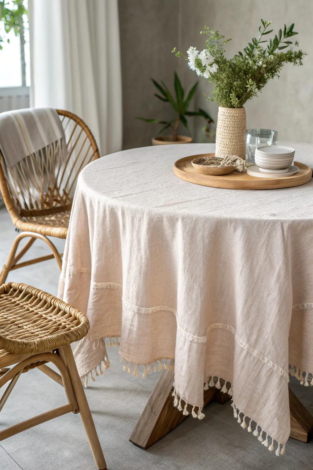 Transform your kitchen with a touch of elegance: Wrap your table in linen for a cozy, minimalist vibe.