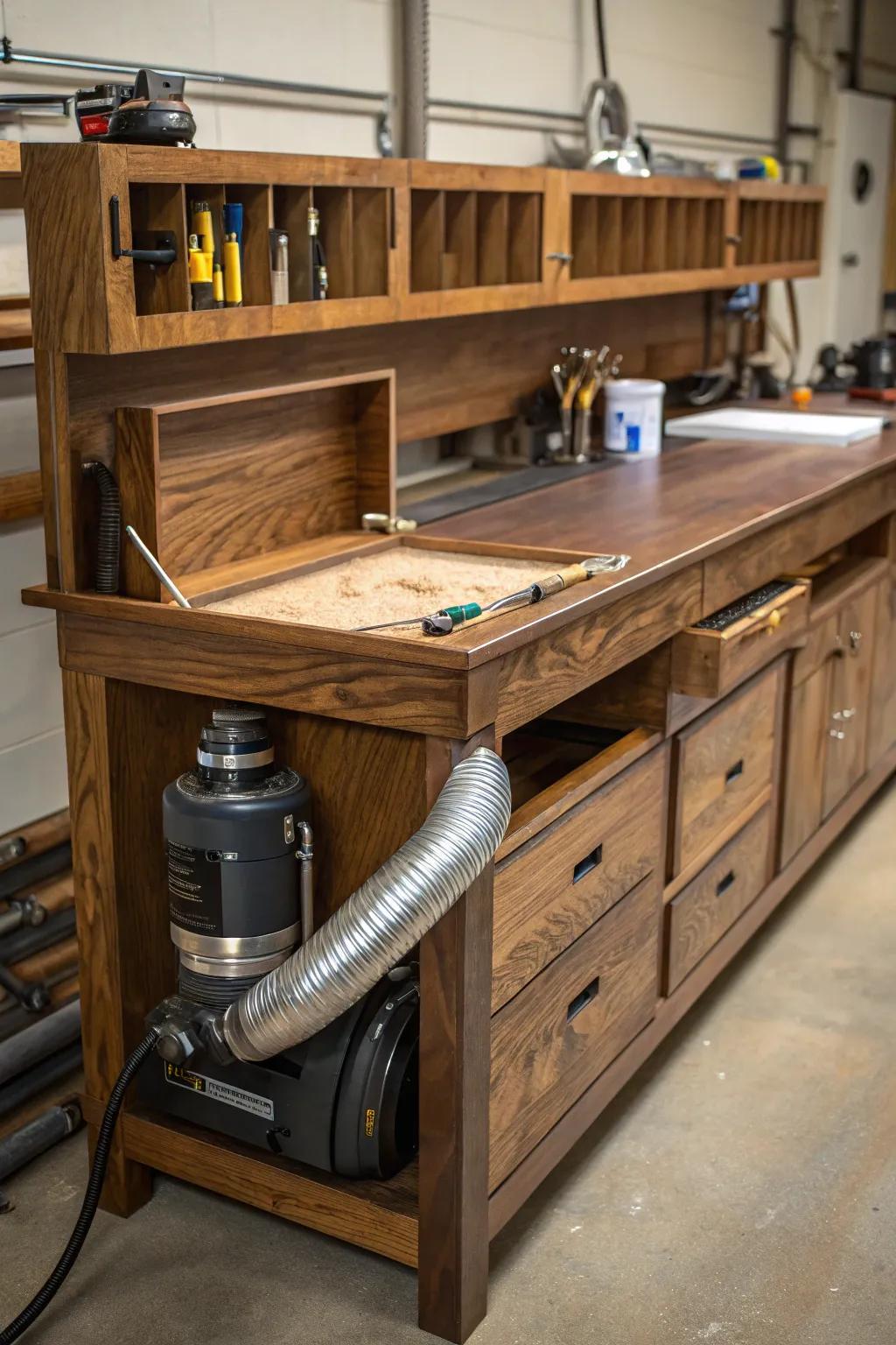 Elevate your reloading experience with an expertly crafted bench featuring a seamless dust collection system.