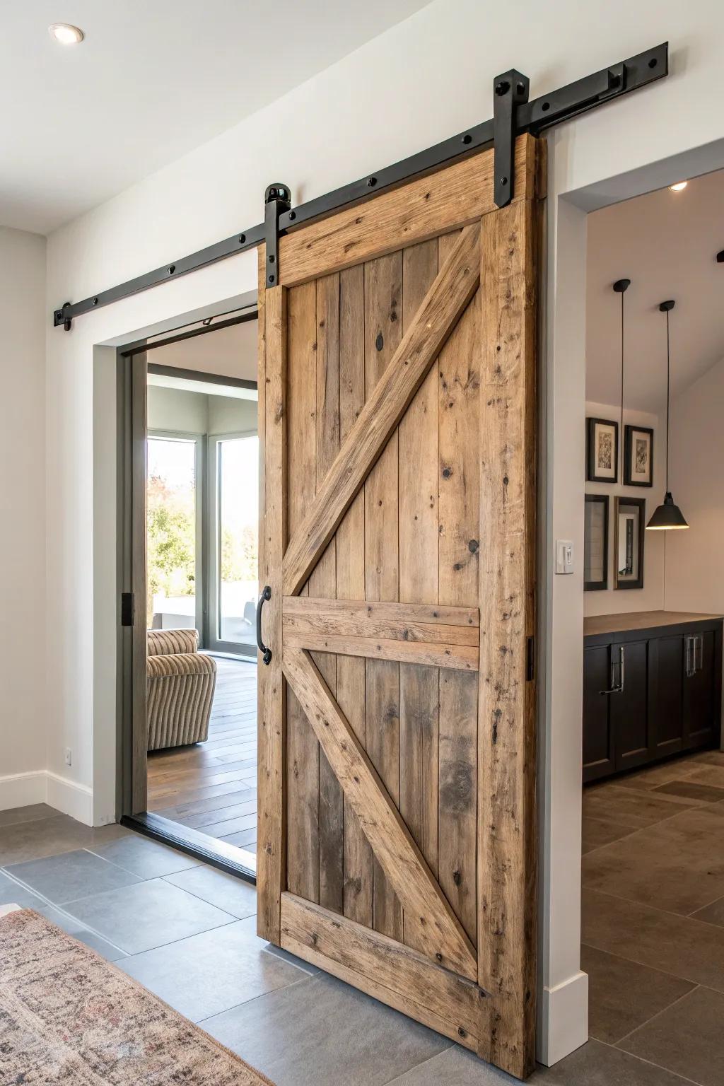 Transform your space with rustic elegance: a repurposed door turned into a stunning sliding barn door.