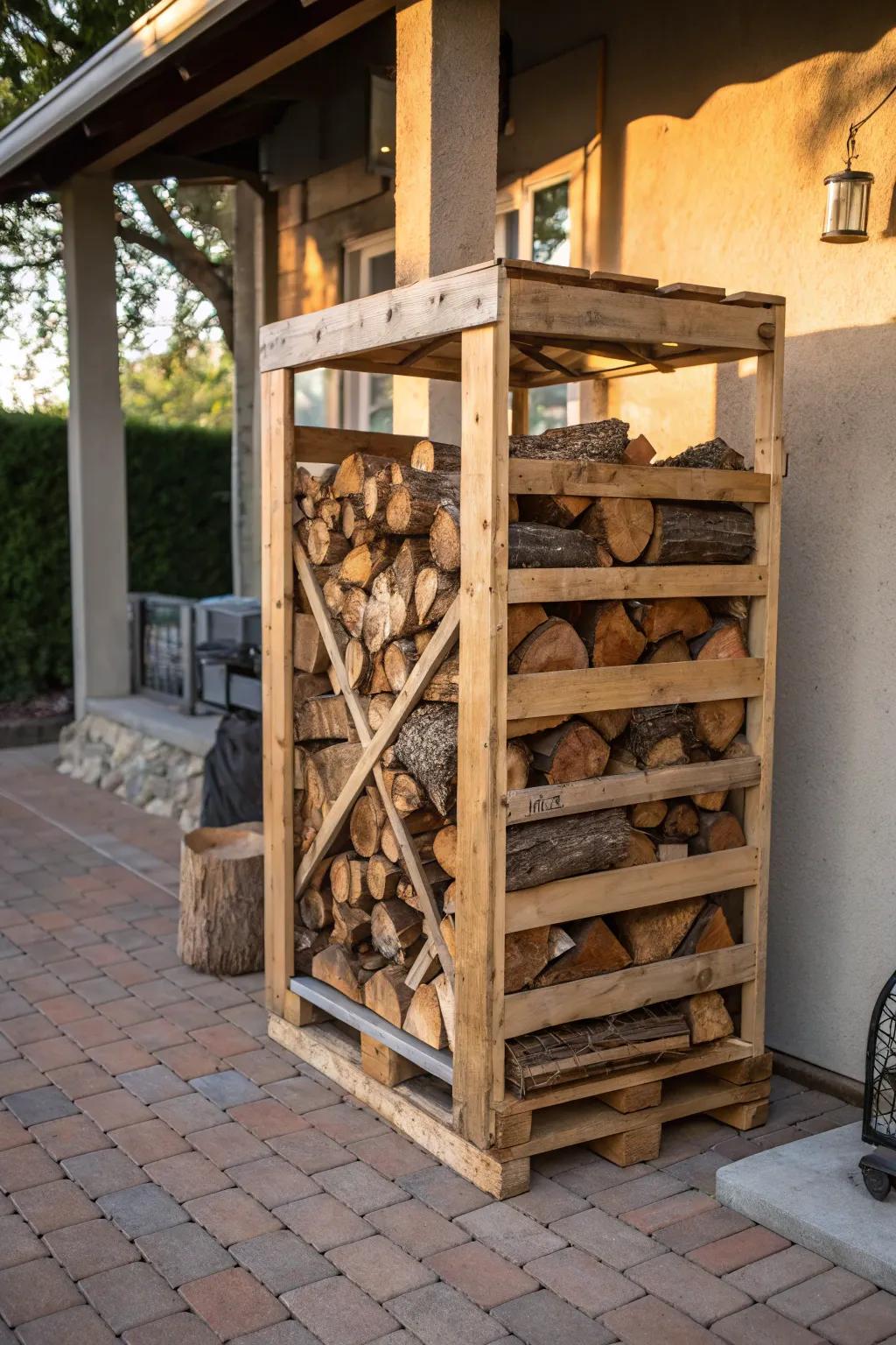 Transform your winter storage with this handcrafted pallet wood firewood rack—where style meets sustainability.