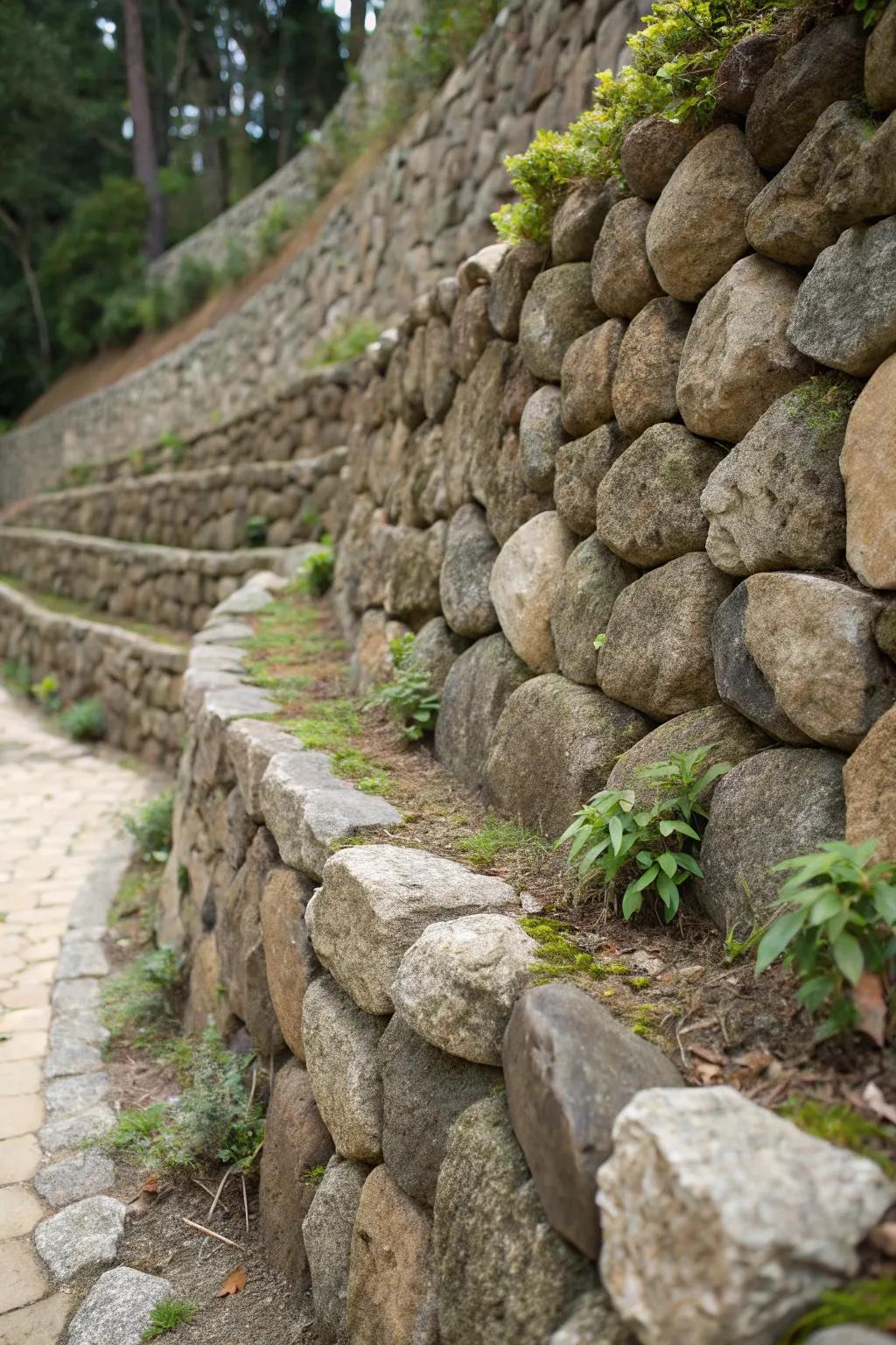 Craftsmanship in Stone: A beautifully crafted rock retaining wall combines functionality with natural elegance.