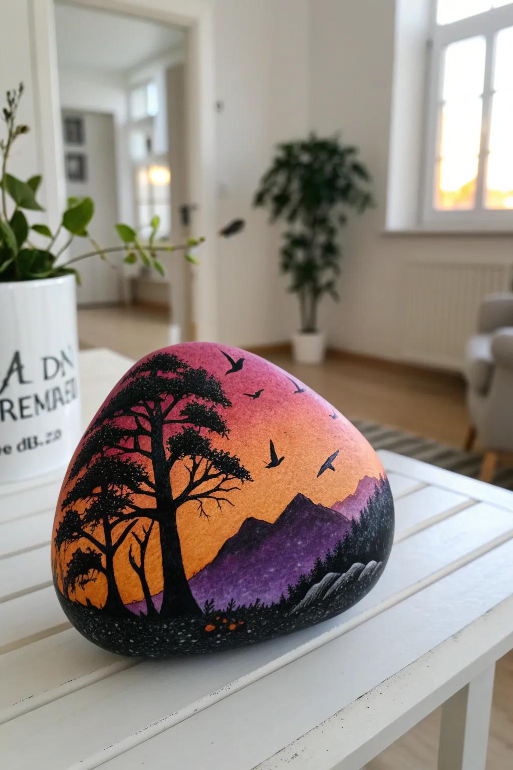 Unlock the beauty of storytelling with a sunset silhouette collage on stone. Embrace the art of simplicity and craftsmanship.