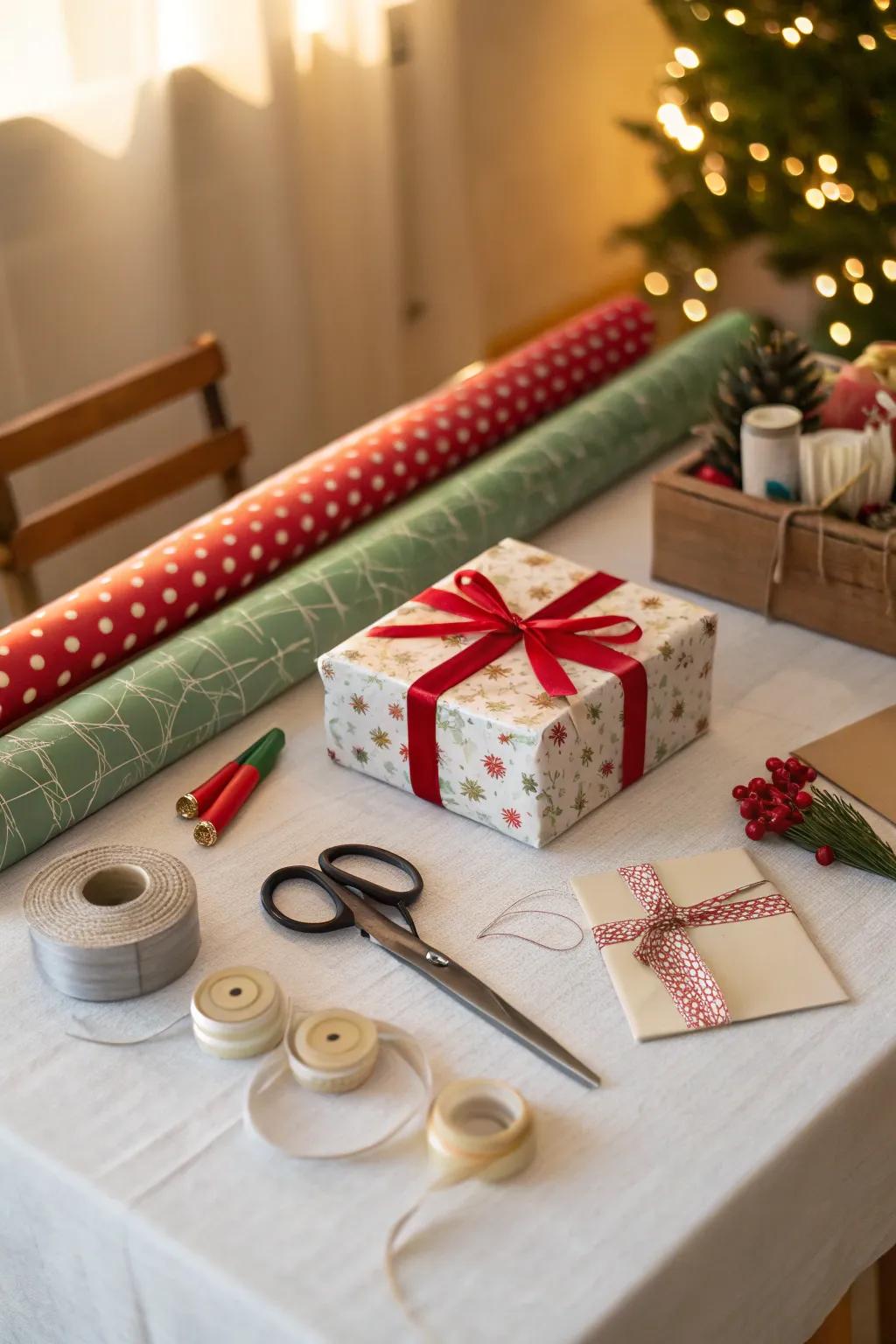 A DIY gift wrapping station adds an interactive element to the fun.