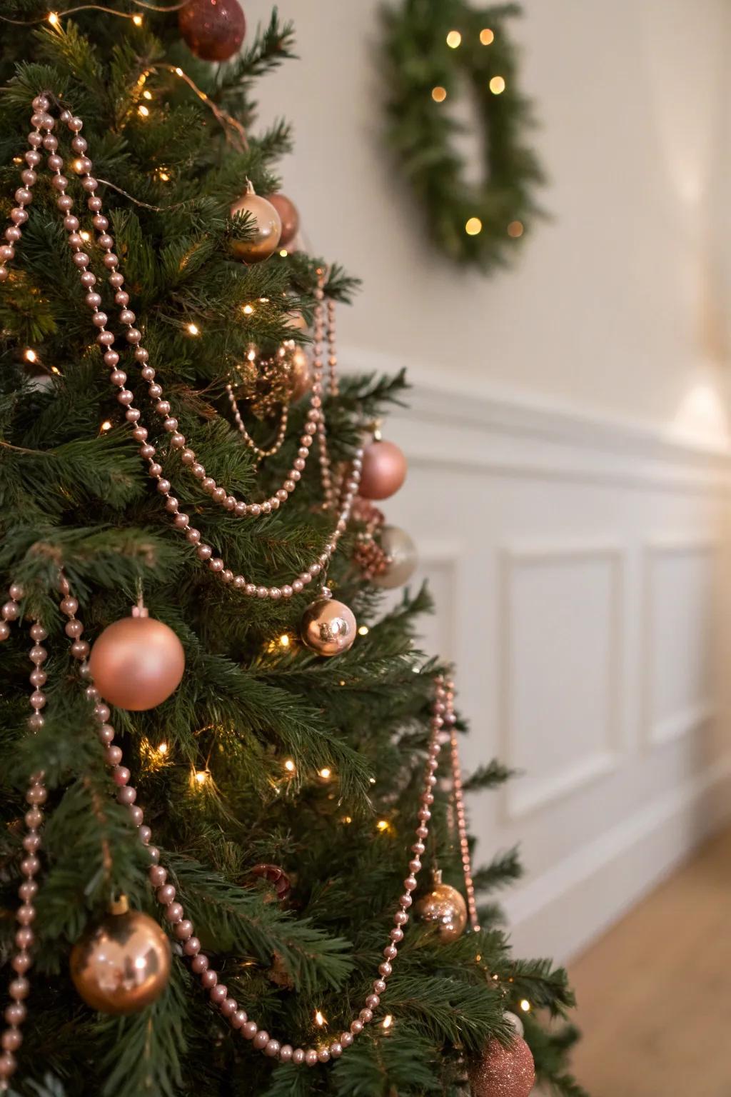 A chic rose gold beaded garland adds luxury to the tree decor.
