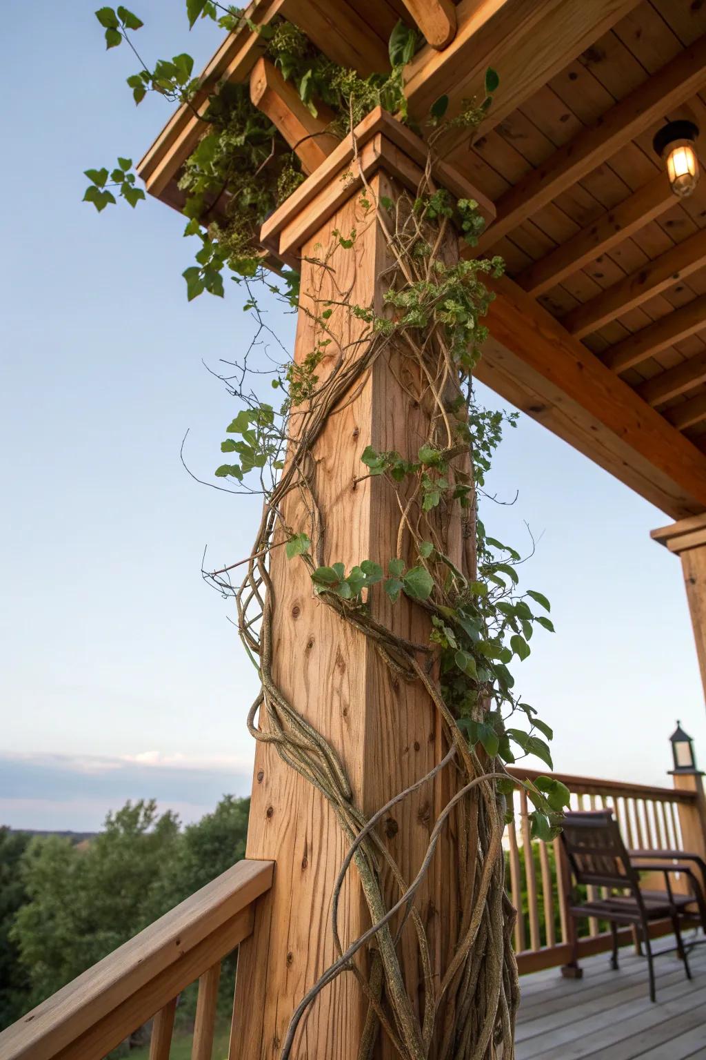 Elevate your porch with nature's artistry: a cedar post beautifully intertwined with vibrant vines.