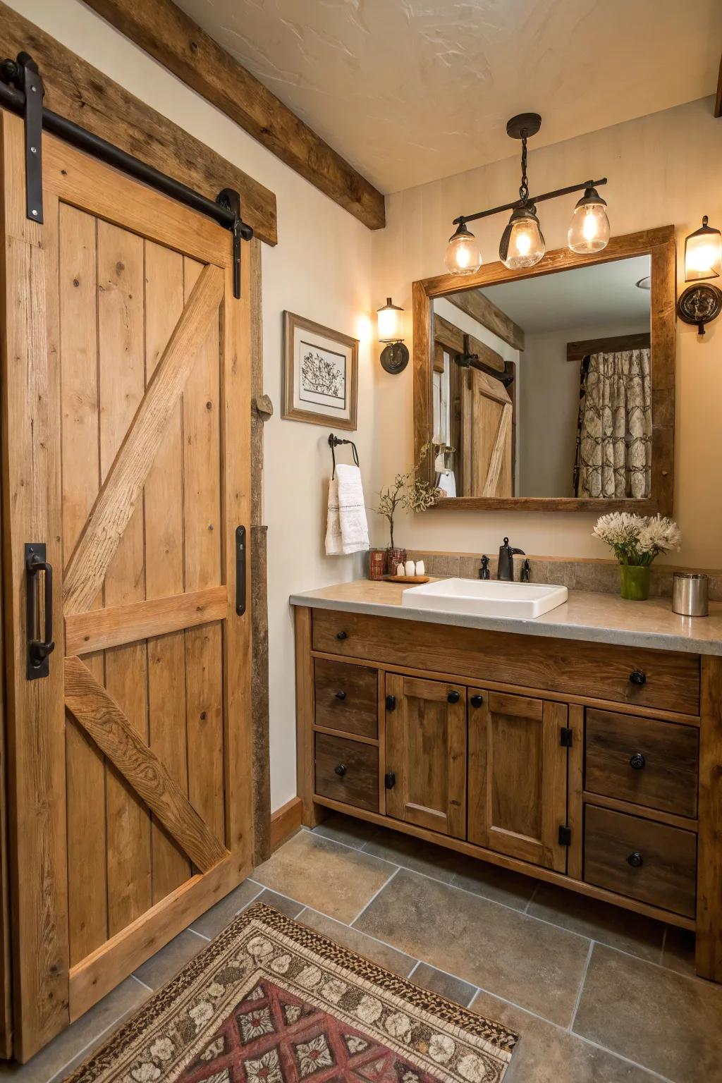 A rustic bathroom with barn door cabinetry under the vanity.