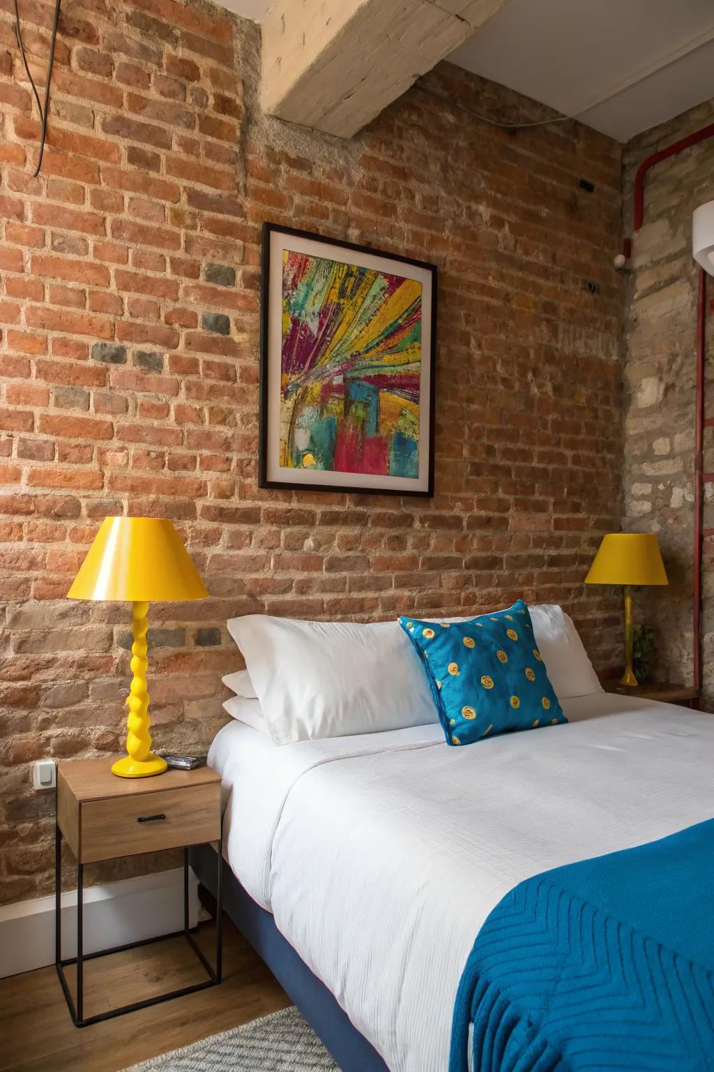 Unexpected color pops adding a lively twist to the rustic setting.