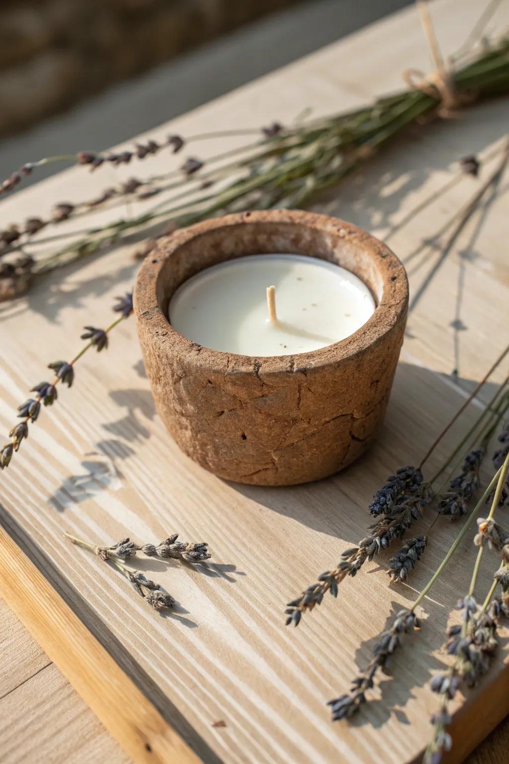 Illuminate your space with the soothing aroma of lavender in a charming rustic holder.