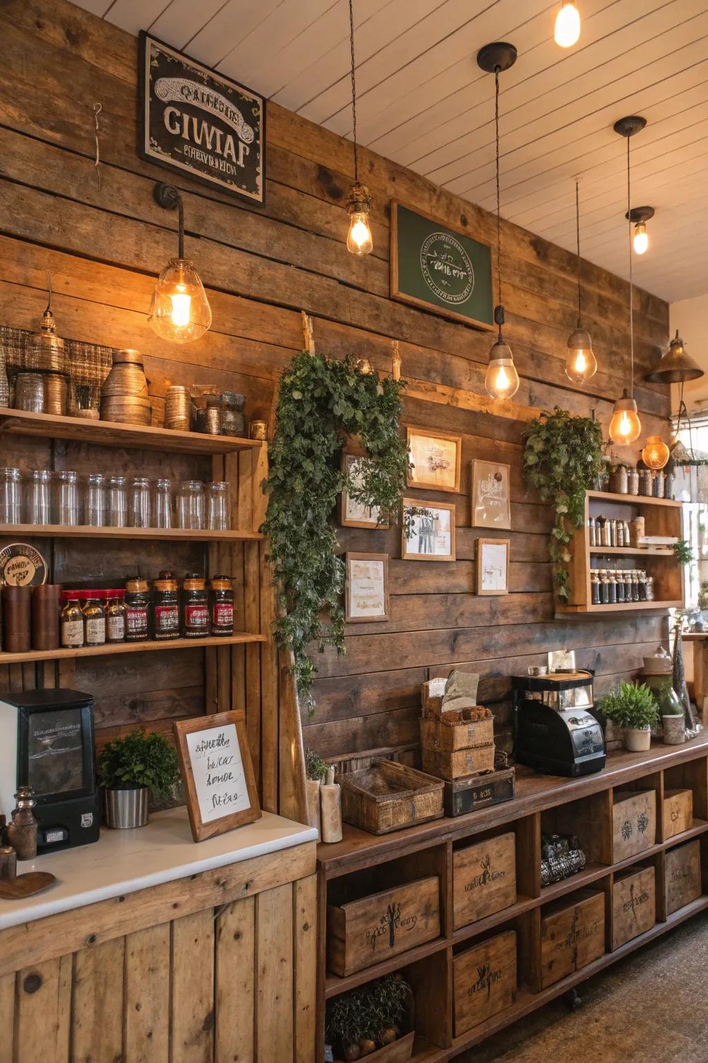A reclaimed wood feature wall adds dramatic interest to this rustic shop.