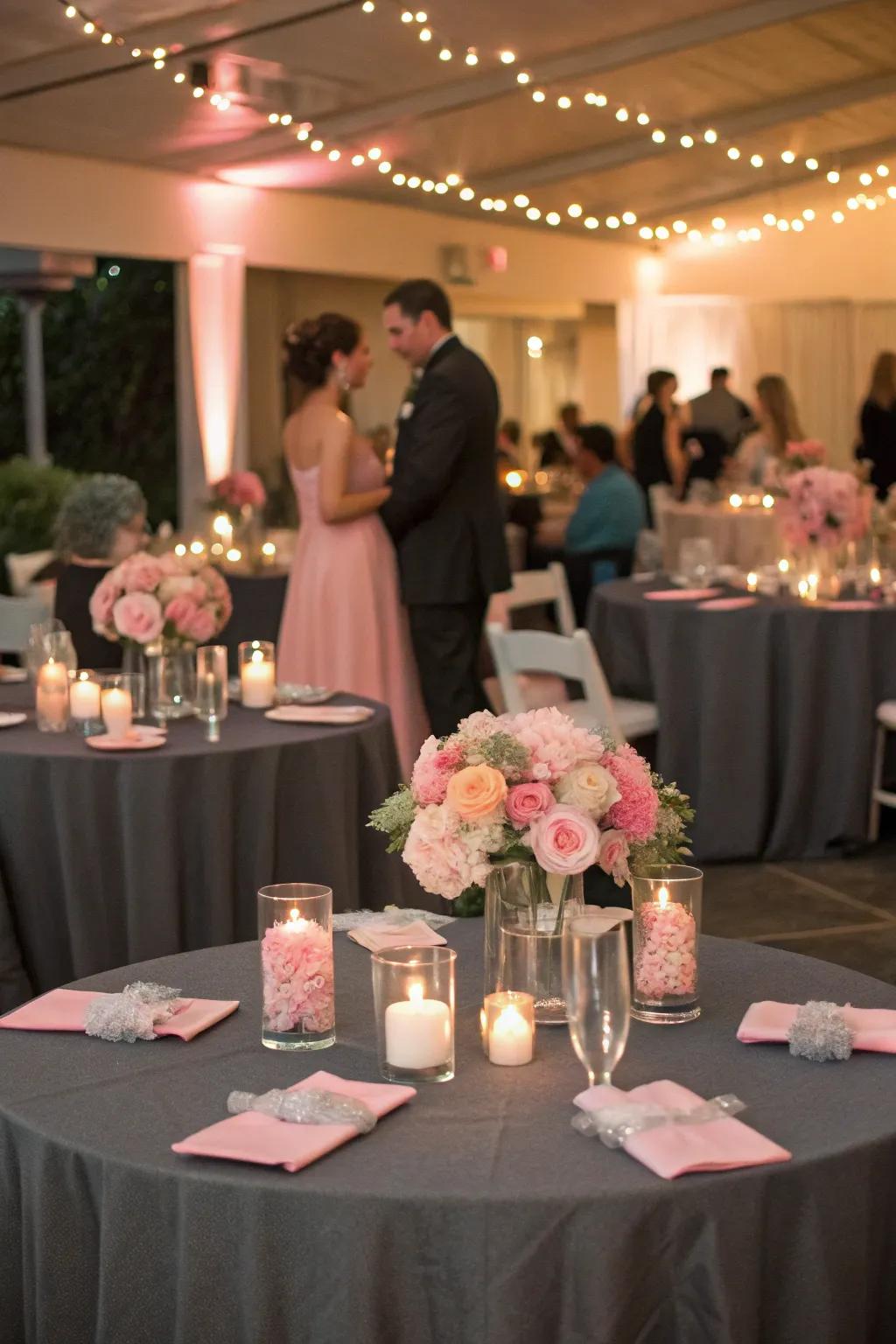 Charcoal and soft pink create a modern and elegant wedding ambiance.
