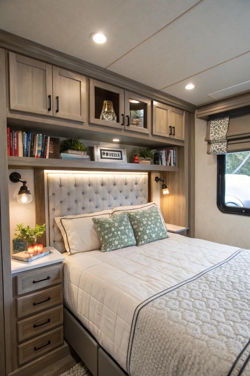 Custom headboards add style and provide handy storage.