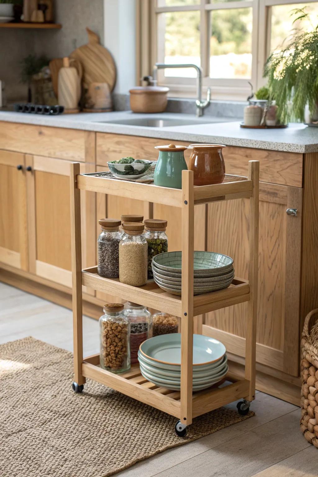 Elevate your RV kitchen with a versatile rolling cart—where style meets functionality.