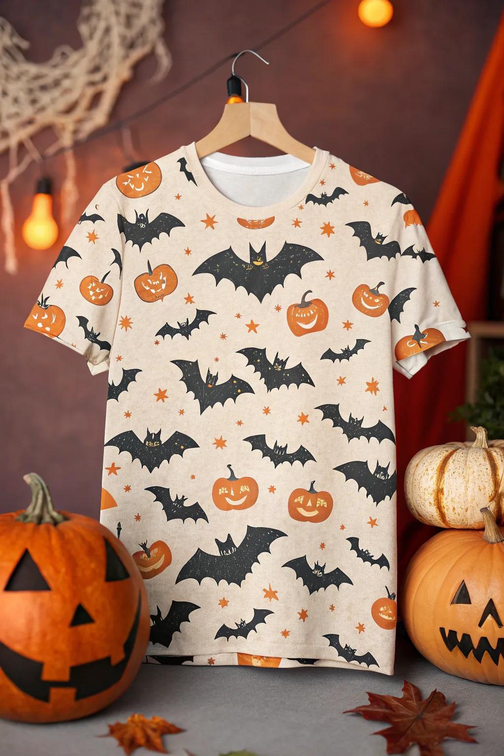 An eye-catching shirt featuring a pattern of classic Halloween elements.