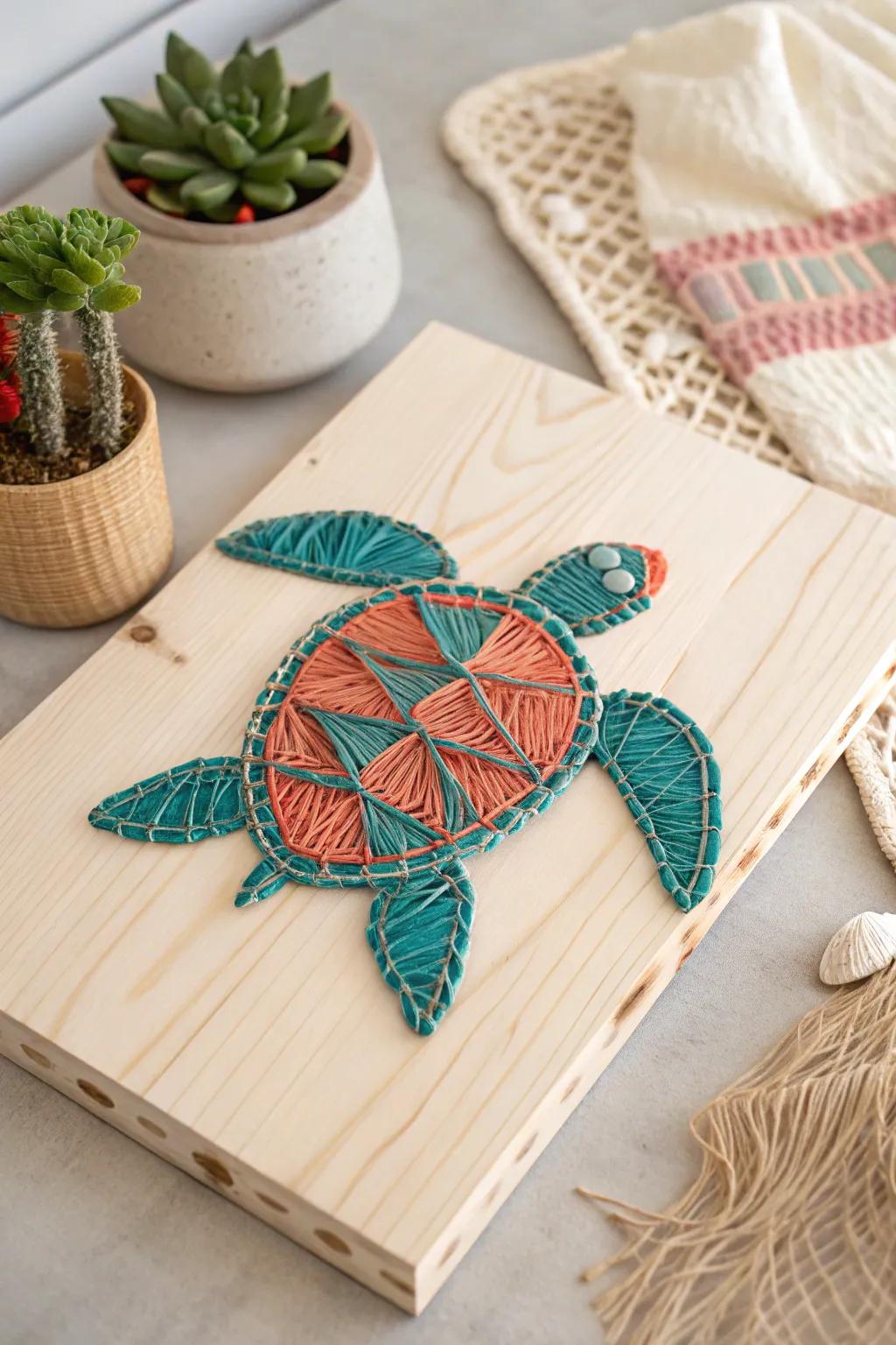 Dive into creativity with stunning sea turtle string art, where simple materials and bold colors meet minimalist elegance.