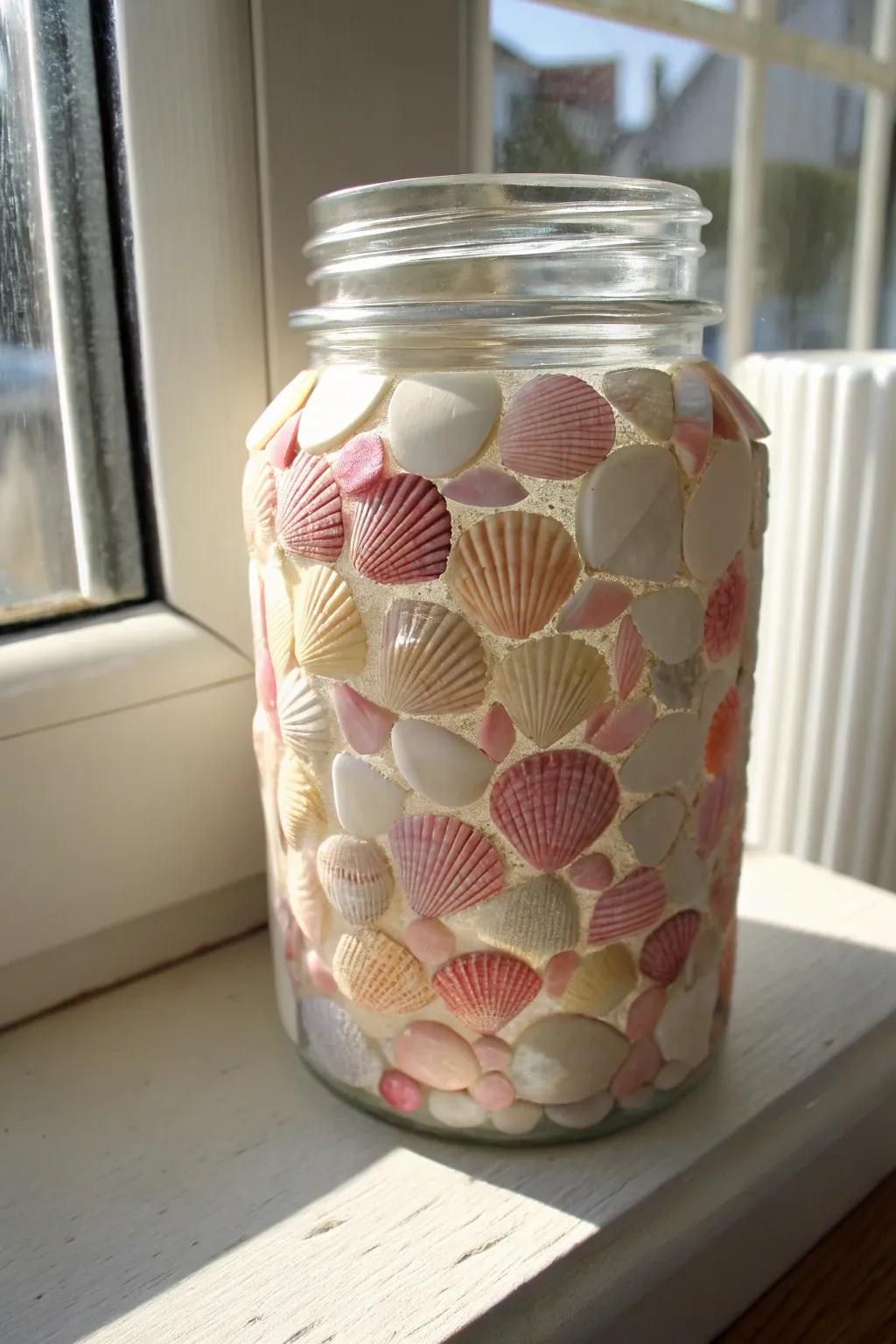 Transform your windowsill into an art display with this stunning seashell mosaic jar. A perfect blend of natural beauty and minimalist elegance.