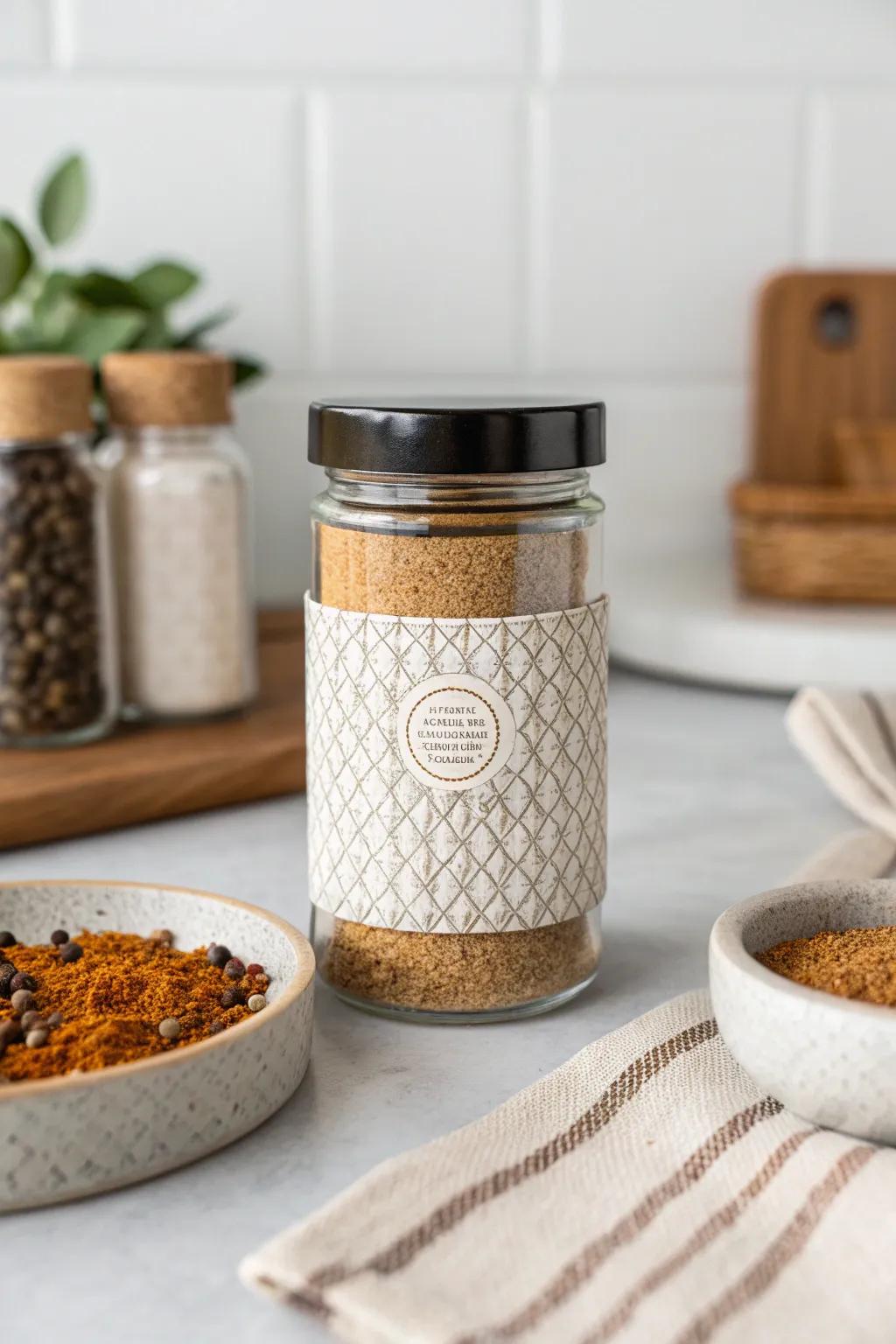 Elevate your spice jars with textured labels for a touch of elegance and depth.