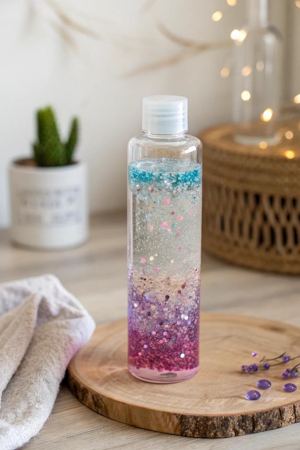 Dive into tranquility with our Glitter Glue Extravaganza sensory bottle, where vibrant colors and calming movement create a visual symphony.