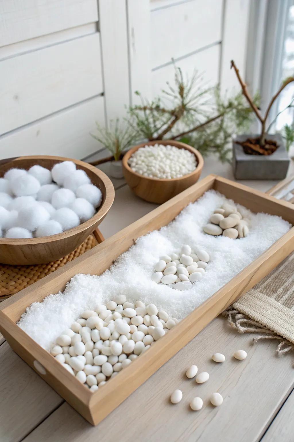 Create a winter wonderland with cotton and beans—a perfect blend of simplicity and imagination!