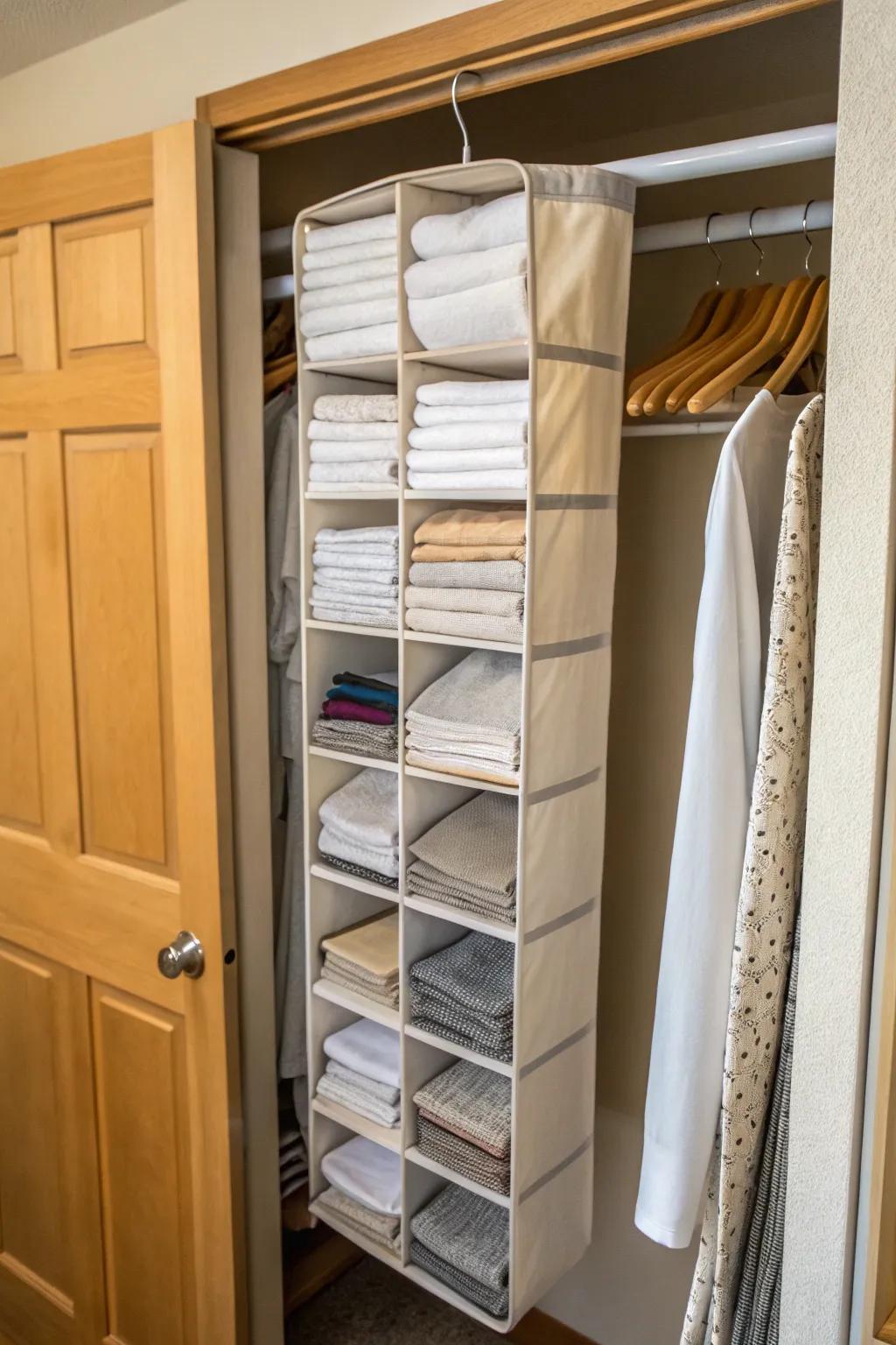 Hanging organizers provide an efficient and accessible sheet storage solution.