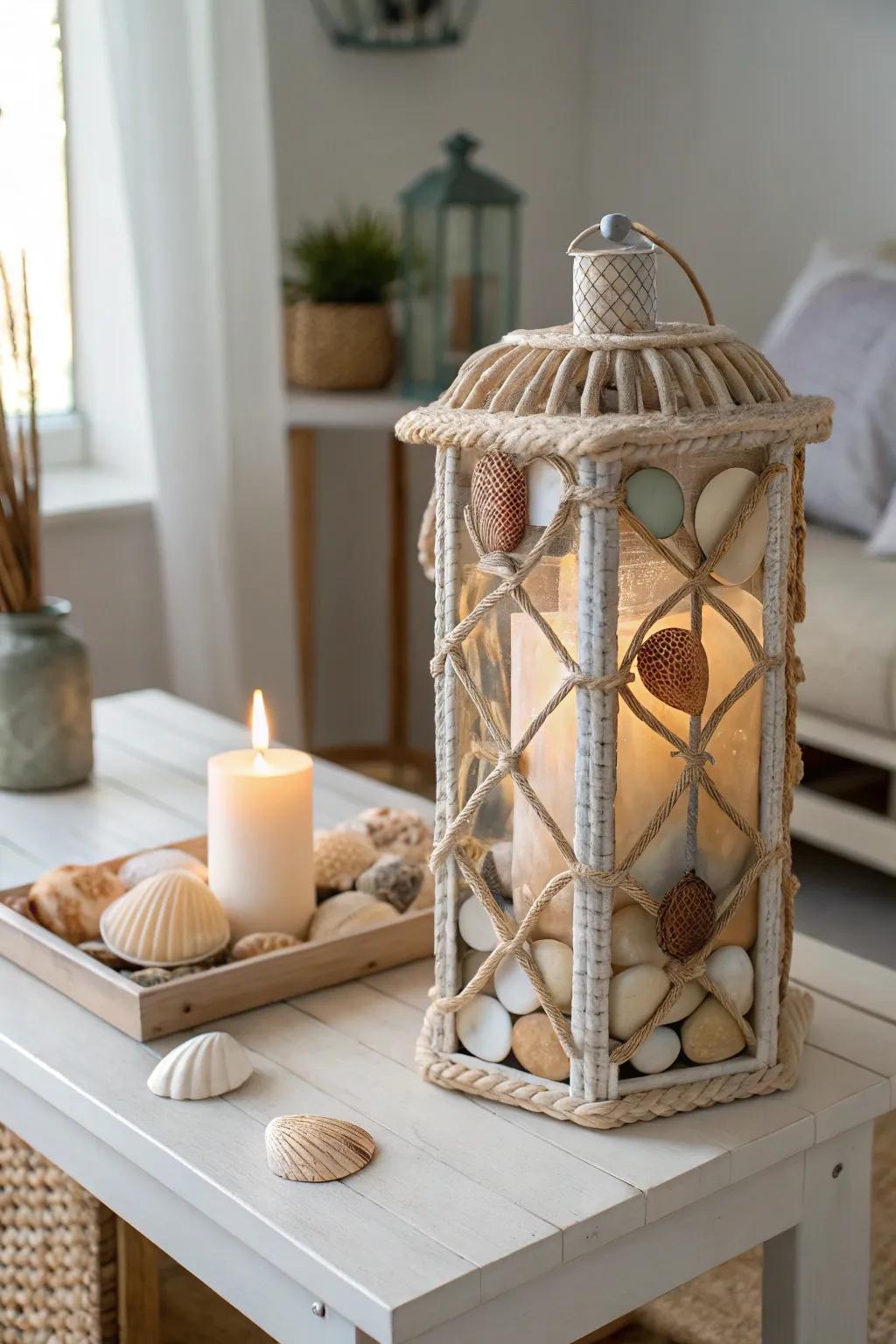 Illuminate your space with coastal charm: A shell-embedded lantern for serene evenings.