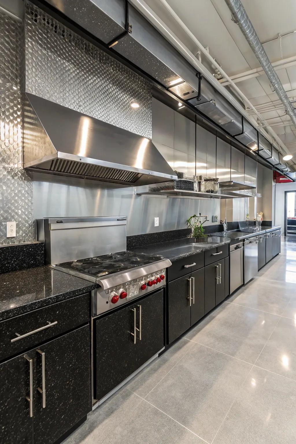 An industrial-style kitchen with a stylish silver backsplash.