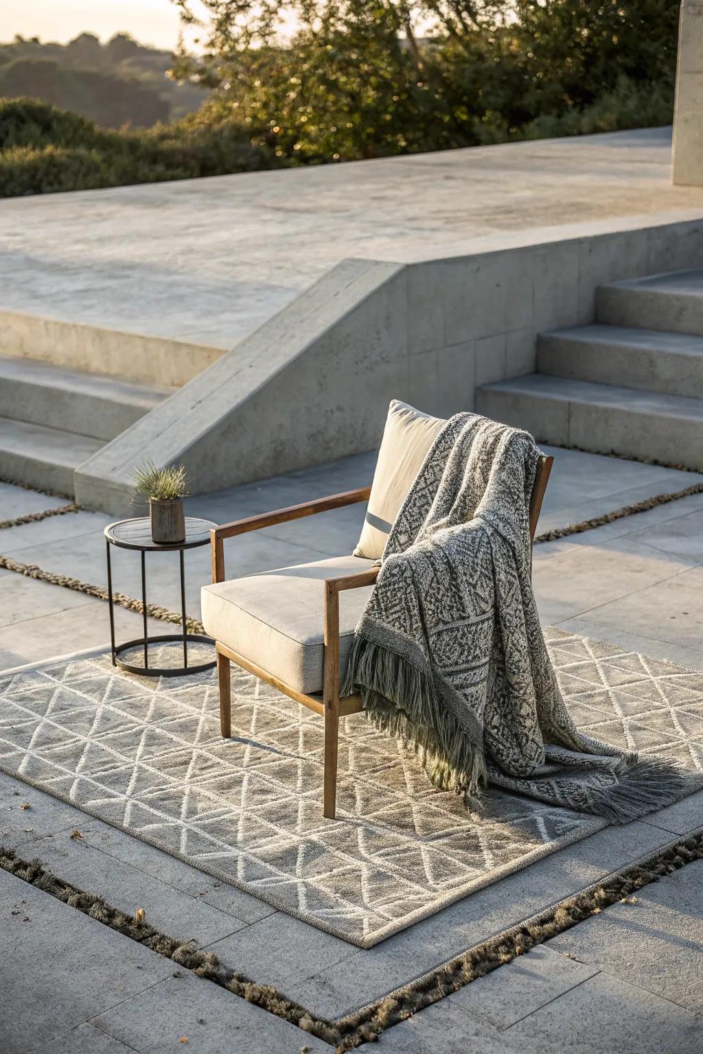 Elevate your patio with textural layering for a dynamic and cozy retreat.