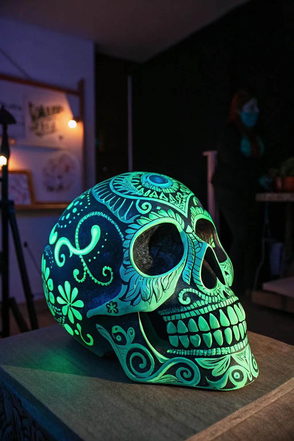 Illuminate your space with the enchanting glow of handcrafted skull art.