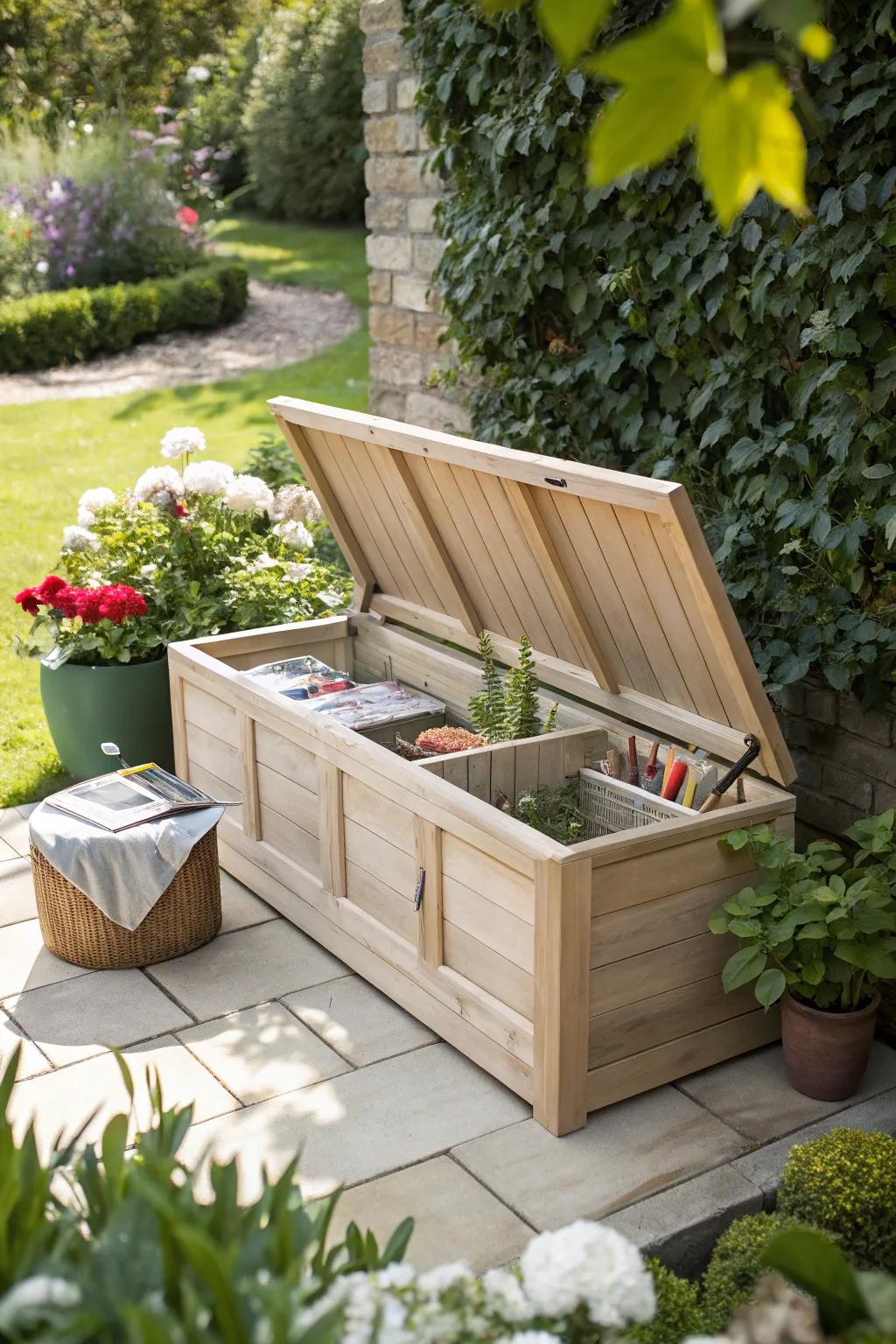 Discover the perfect blend of style and function with this minimalist garden bench featuring hidden storage, ideal for your cozy outdoor retreat.