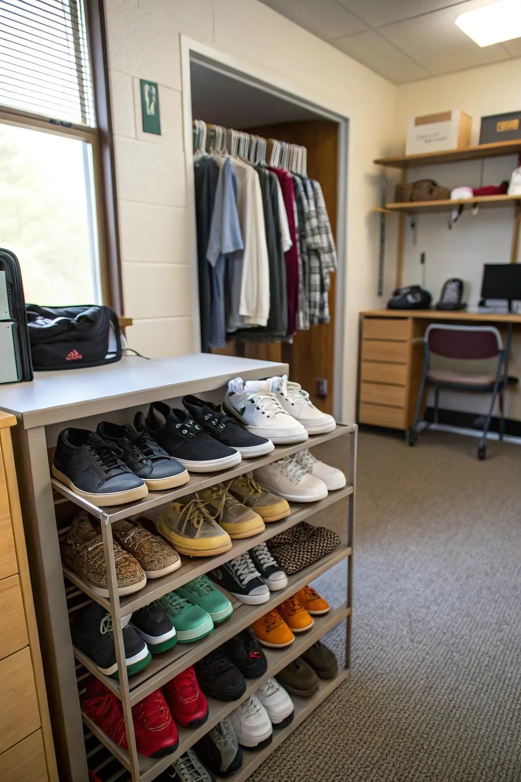 A shoe rack keeps your footwear organized and accessible.