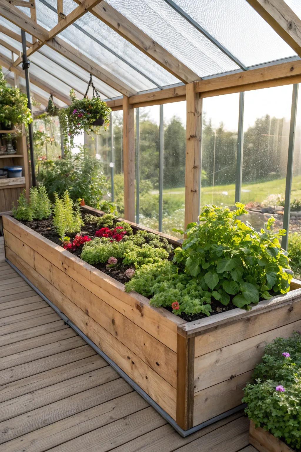 Elevate your greenhouse with elegant raised beds for a chic and organized plant haven.