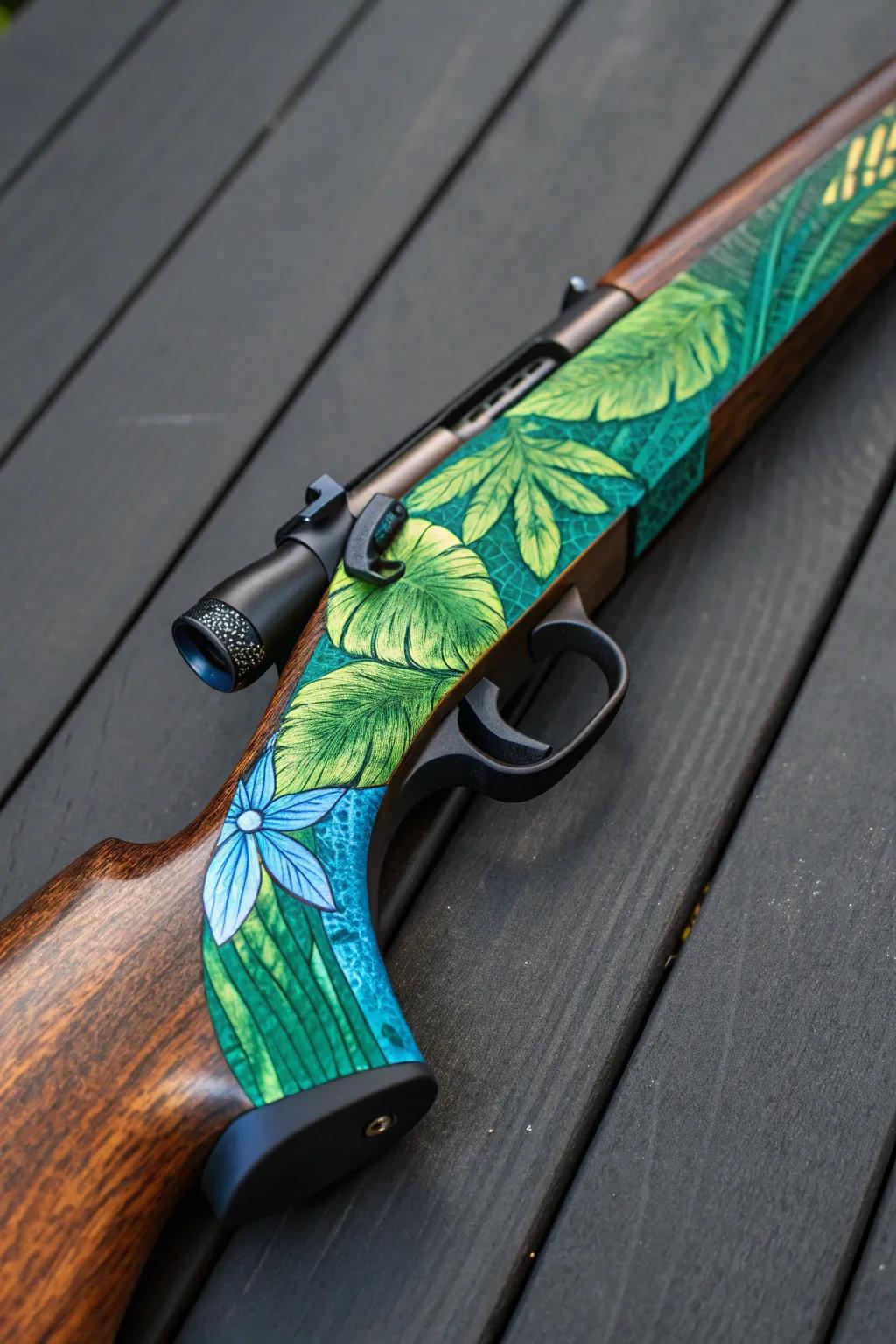 Capture the essence of paradise with this tropical island-inspired rifle stock, where craftsmanship meets vibrant artistry.