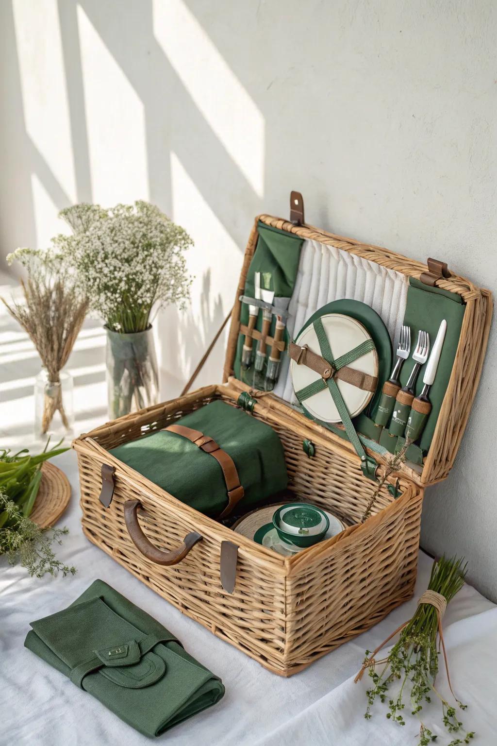 Celebrate St. Patrick's Day with a charming green-themed picnic basket, perfect for a cozy outdoor celebration!