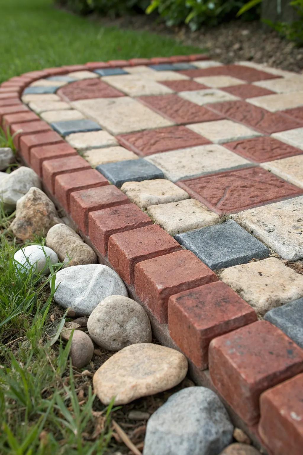 Master the art of contrast with this striking stone and brick garden edging design.