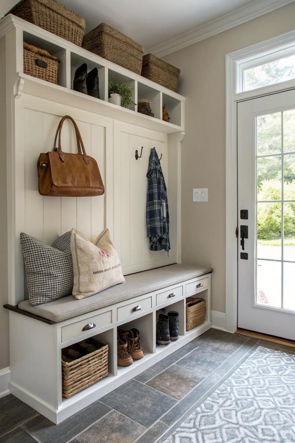 An entryway bench with storage combines seating and organization.