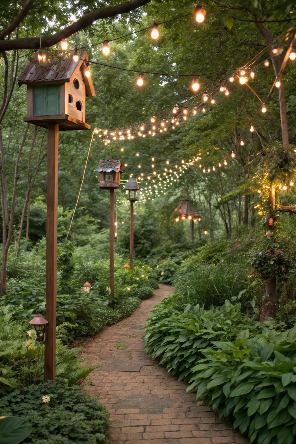 Birdhouses add a whimsical and functional touch to your string light poles.