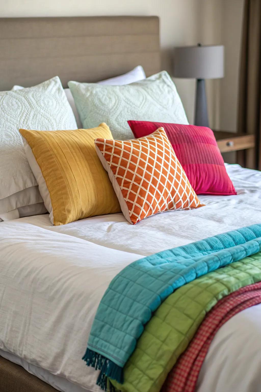 Throw pillows add pops of color and comfort to your summer bedroom.