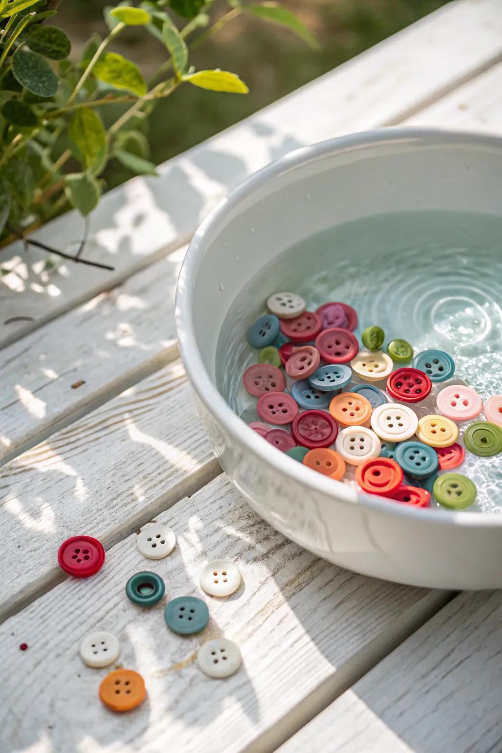 Dive into a world of color and wonder with our Splashy Buttons sensory bin!