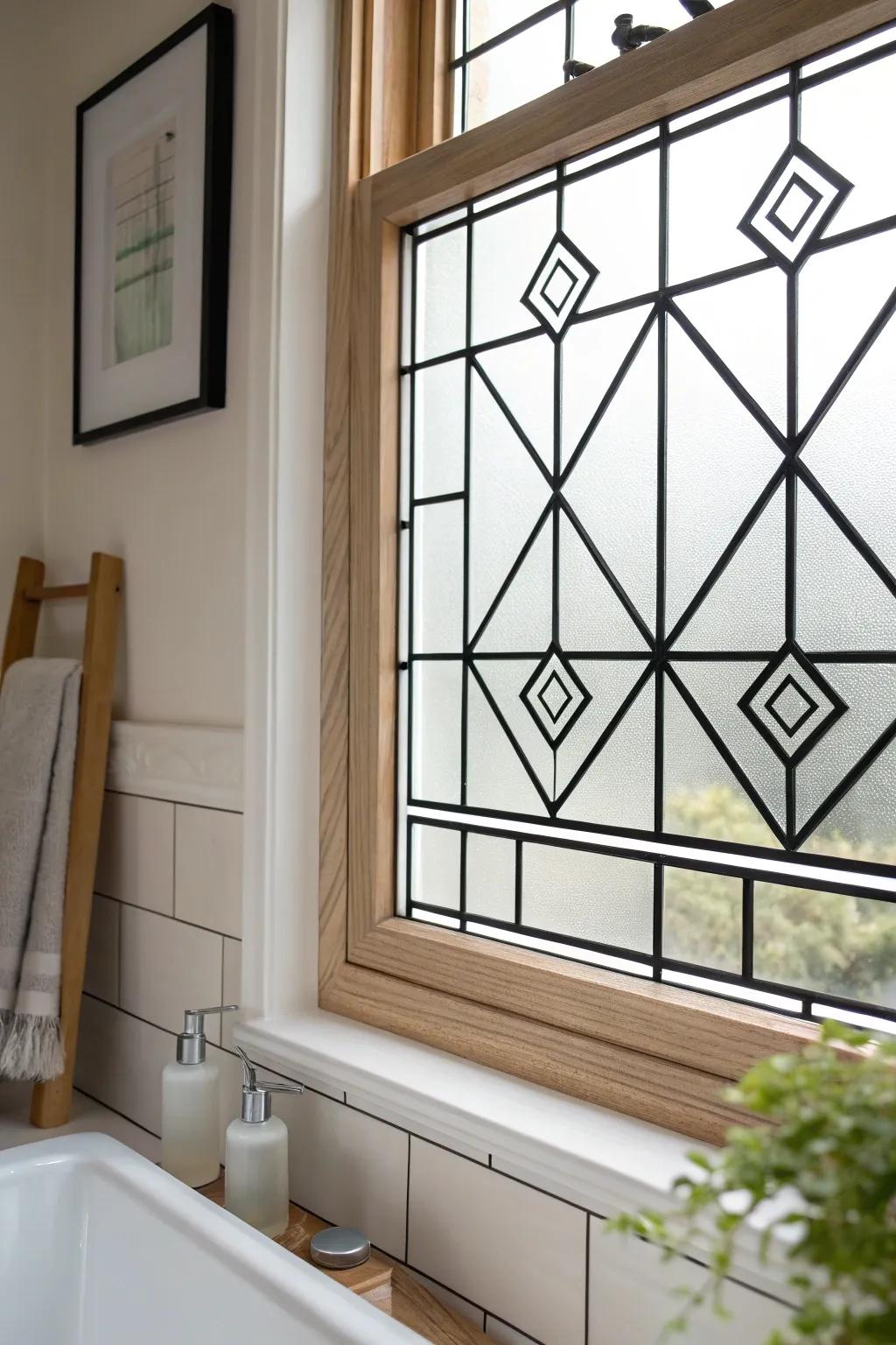 Transform your windows into art with this bold geometric tape design, blending privacy with style.